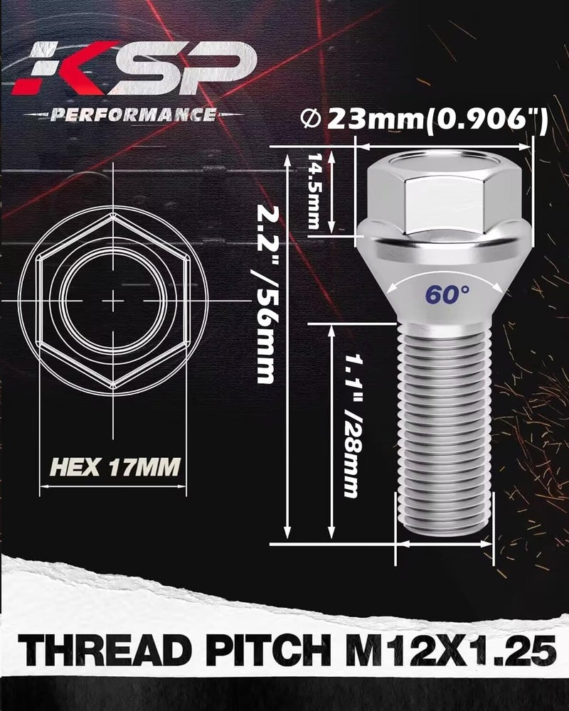 KSP PERFORMANCE KSP M12x1.25 Wheel Lug Bolts, 20PCS Extended OEM/Stock Wheel Studs for 2015-2022 Renegade, 2017-2022 Compass, 2014-2023 Cherokee, 17mm Hex 28mm Shank ET Studs for Dart - Image 2